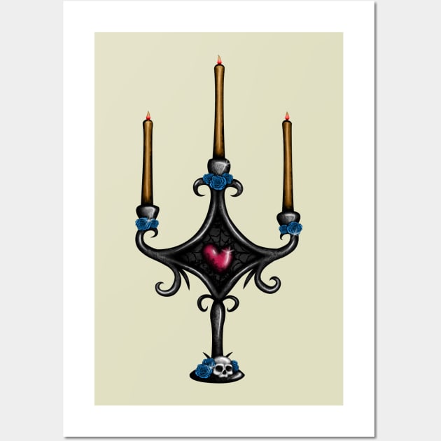 Dark Candlestick with Blue Roses Wall Art by DeneboArt